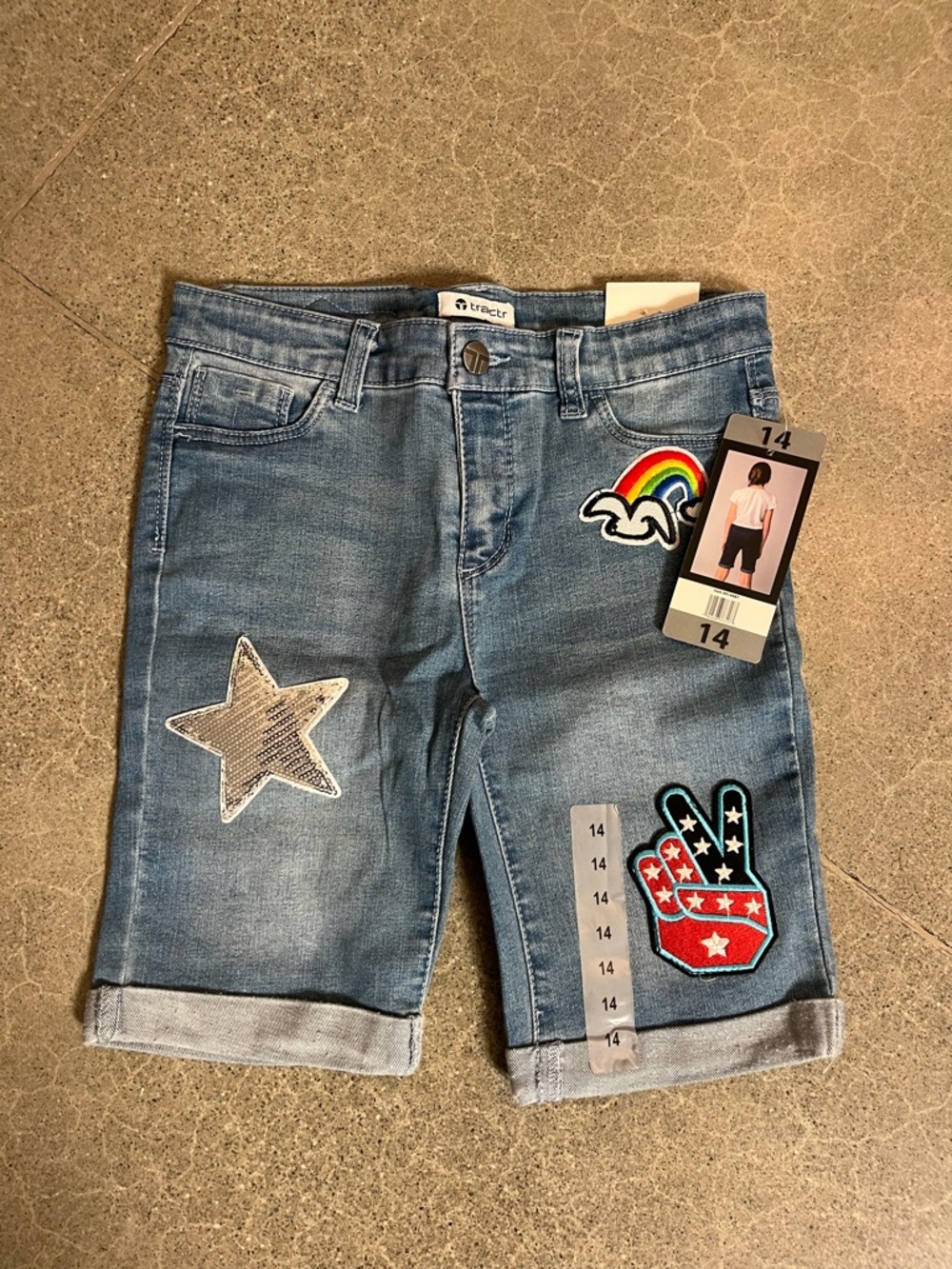 Girls' Light Wash Denim Shorts with Rainbow & Star Patches